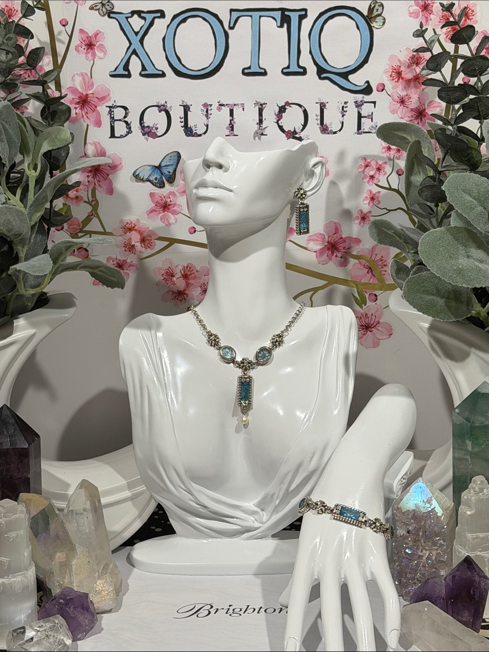 🆕🦋 RARE SET Brighton RETIRED VTG SLVR Crystal Necklace, Bracelet & Earrings Set